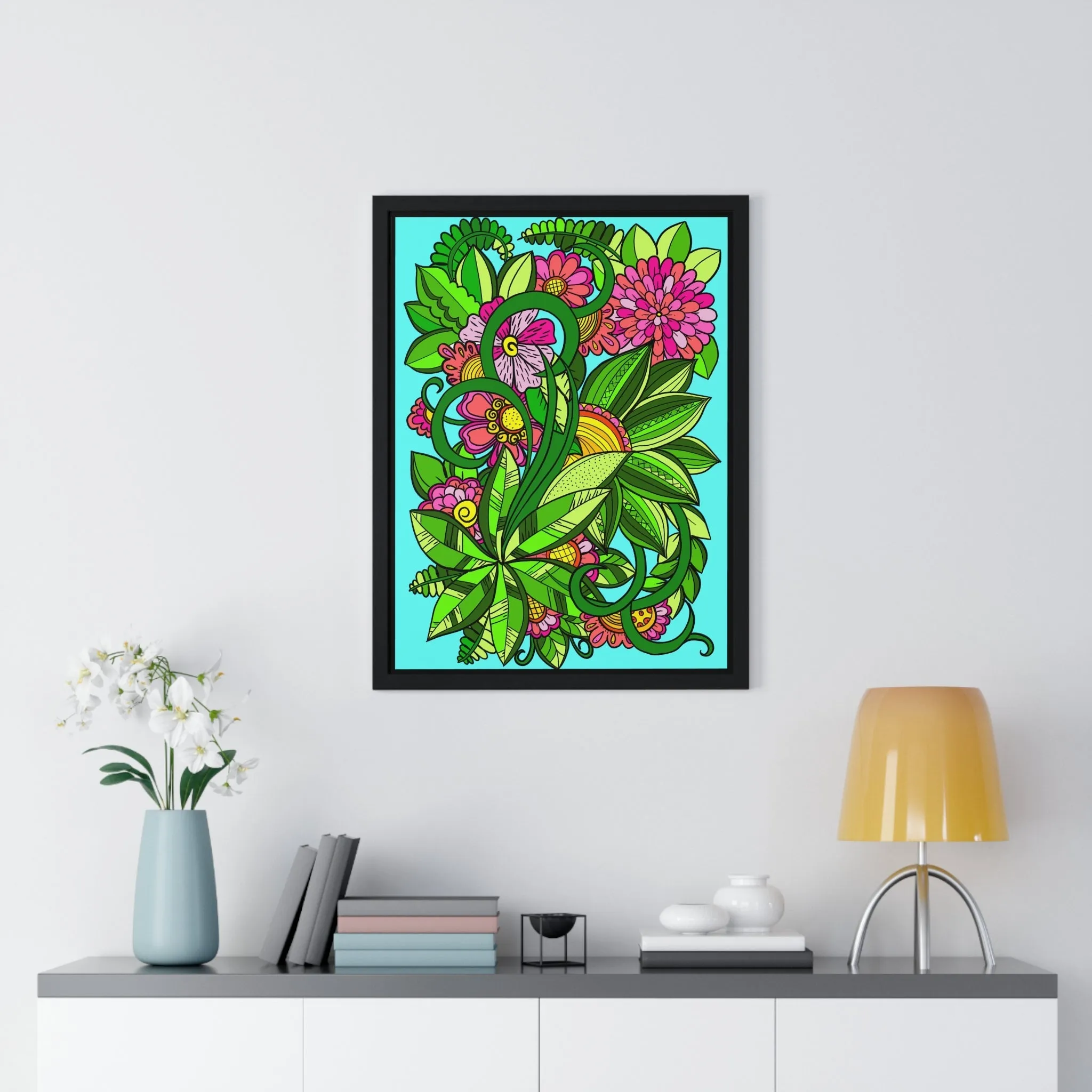 Handmade Mandala Flower Doodle Poster, Vertical Framed Art