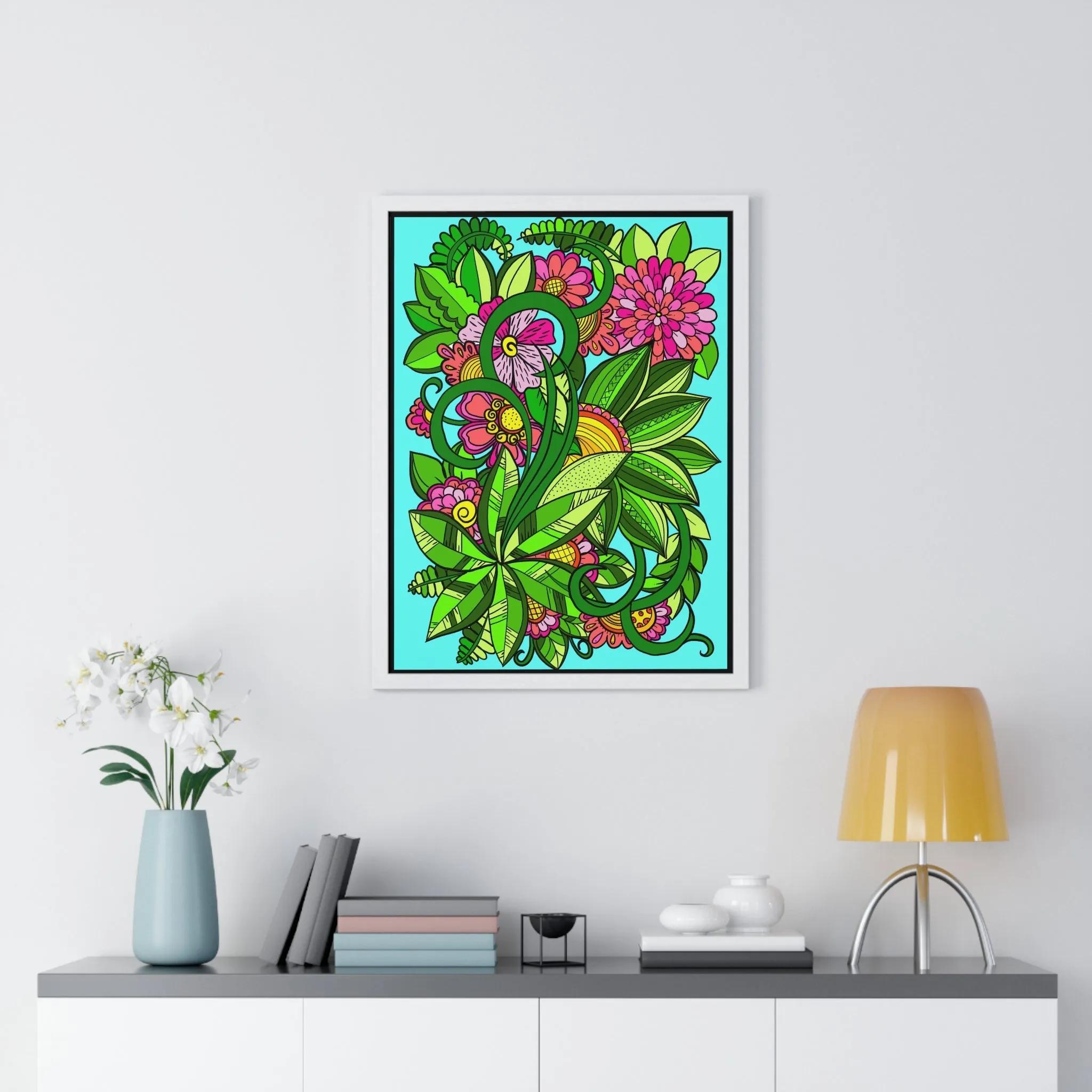 Handmade Mandala Flower Doodle Poster, Vertical Framed Art