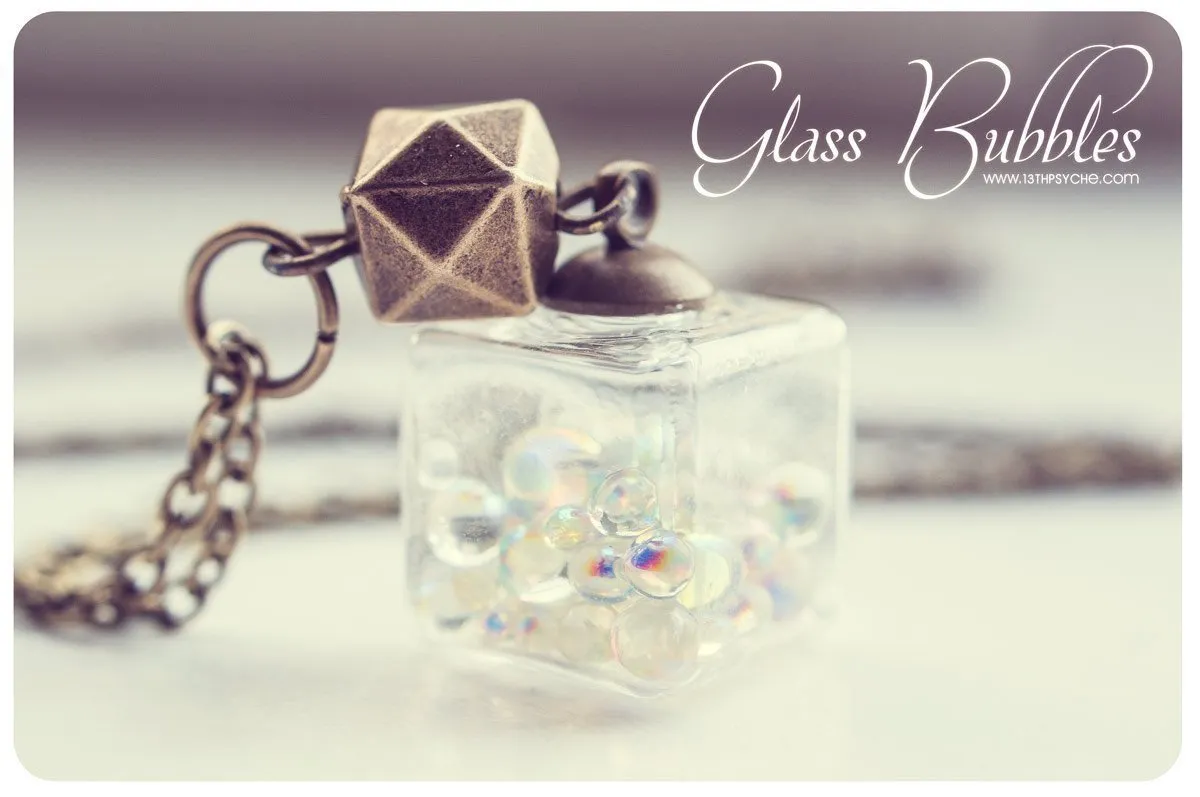 Iridescent bubbles glass cube pendant necklace