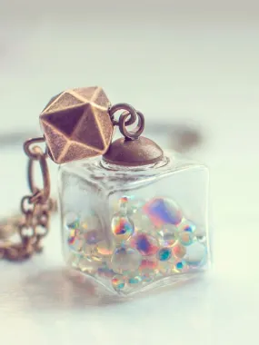 Iridescent bubbles glass cube pendant necklace