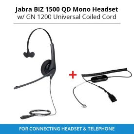 Jabra Biz 1500 QD Mono Headset with GN 1200 Universal Coiled Smart Cord for Connecting Headset & Telephone