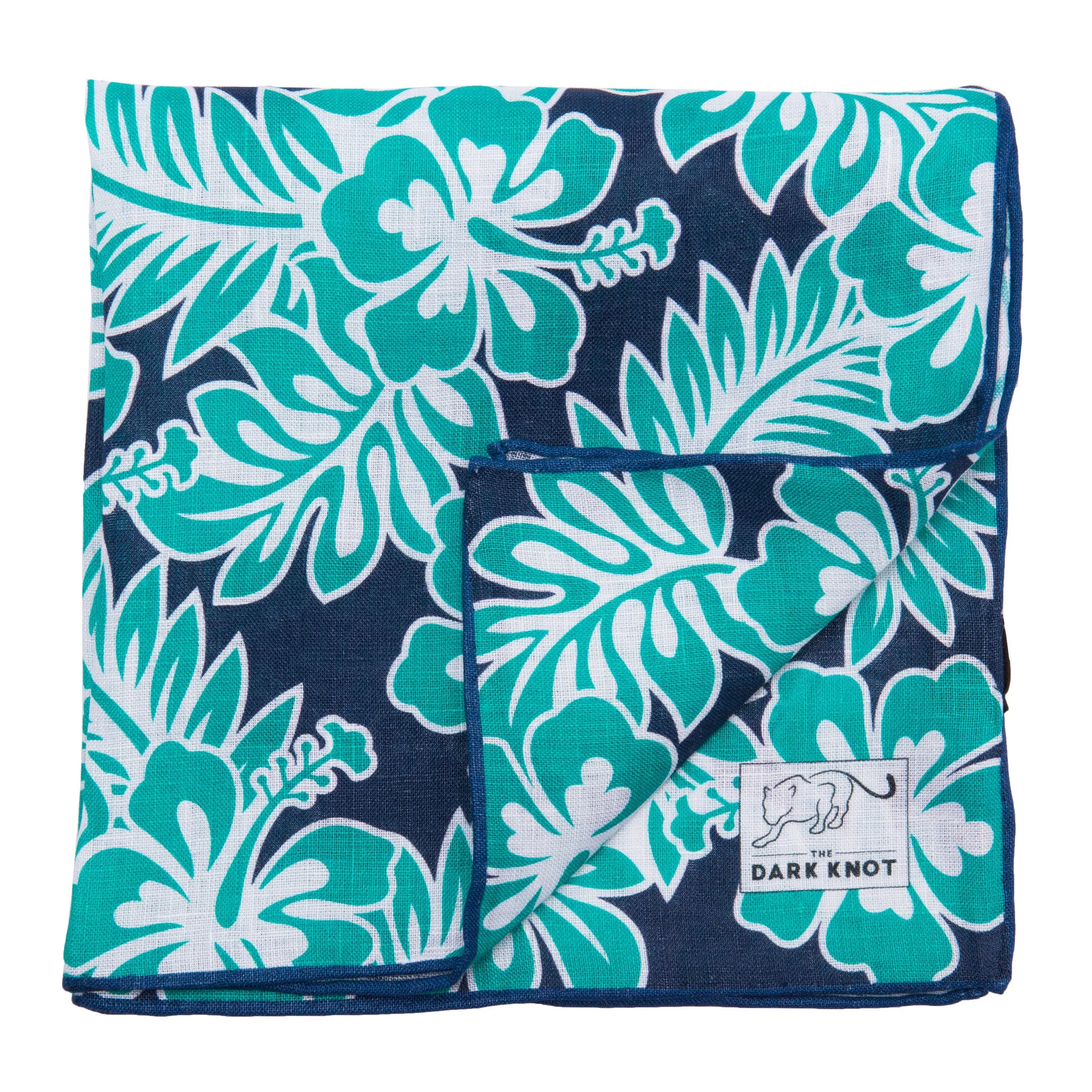 Lake George Linen Pocket Square, Navy / White / Turquoise