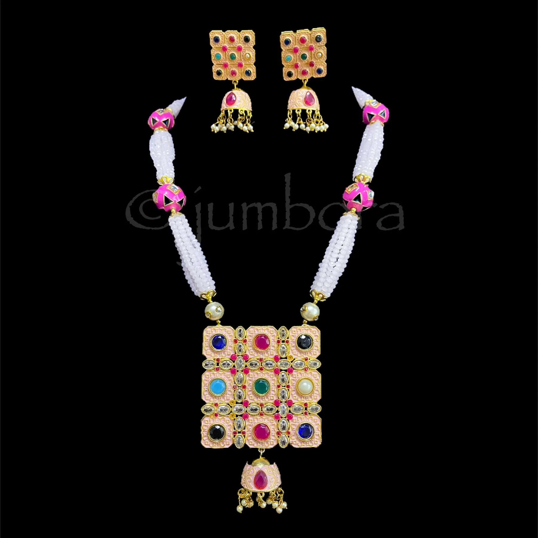 Meenakari Pink Crystal Long Mala in Navaratan style