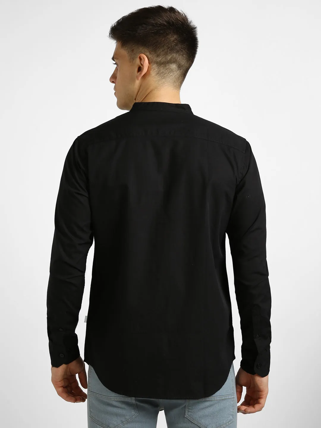 Men's Black Cotton Full Sleeve Slim Fit Solid Shirt with Mandarin Collar