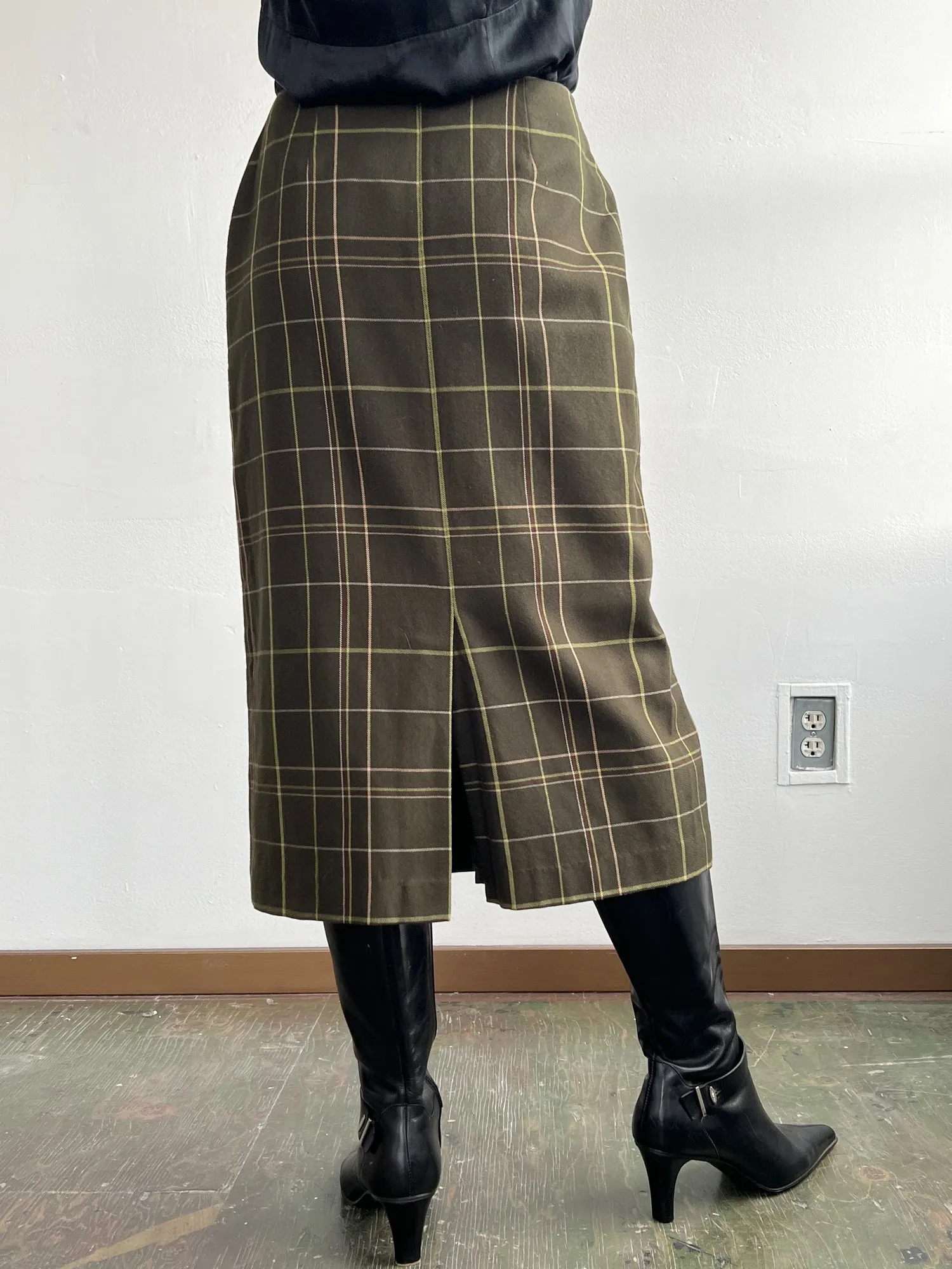 Olive Plaid Midi Skirt (M)