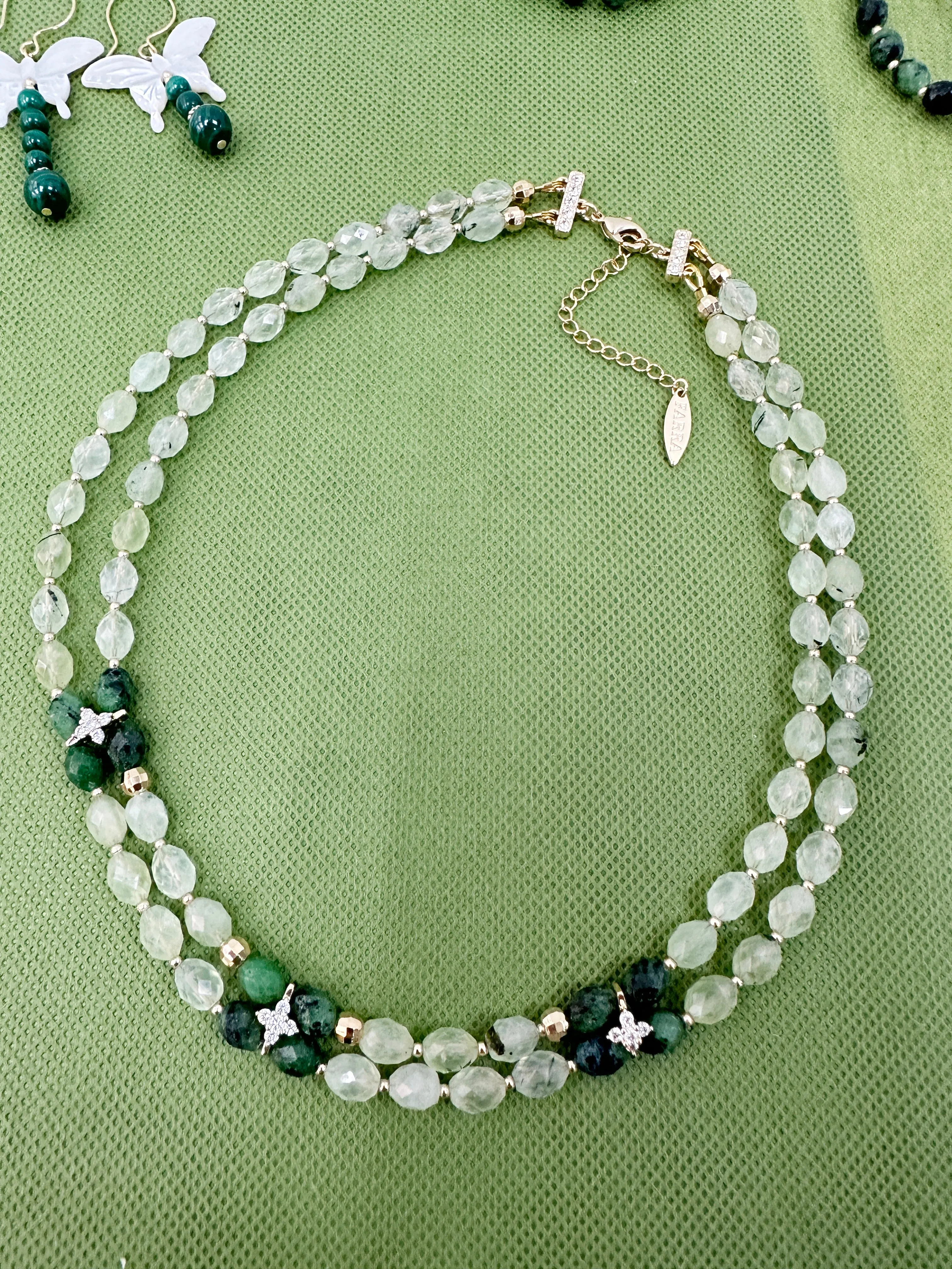 Prehnite with Zircon Stones Double Layers Collar Necklace LN051