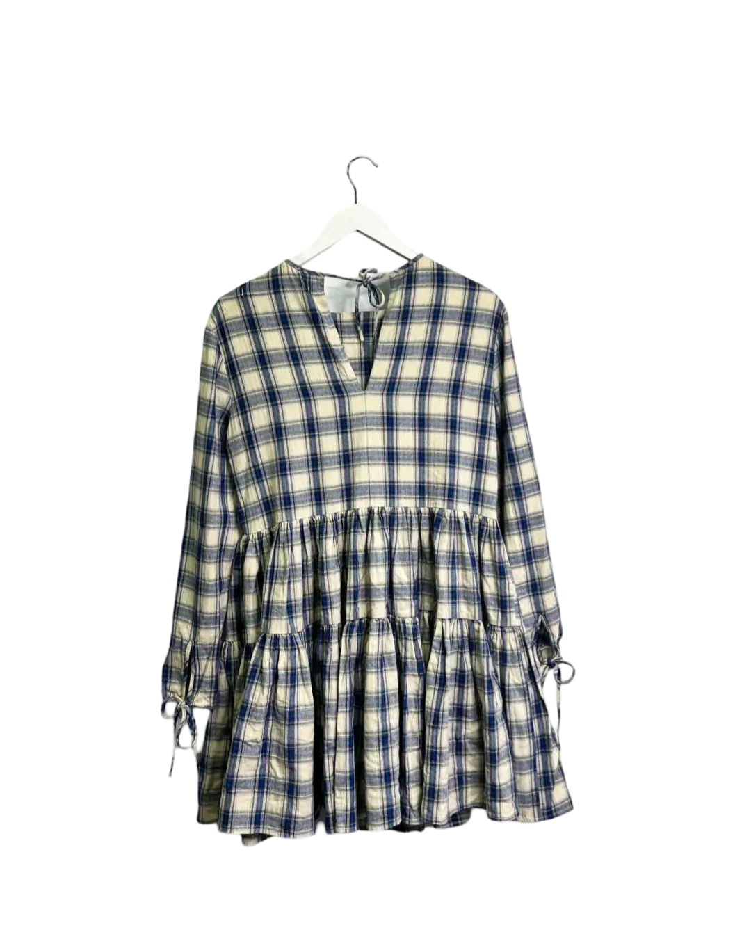 Size S - Verner Blue and White Check Frill Midi Dress