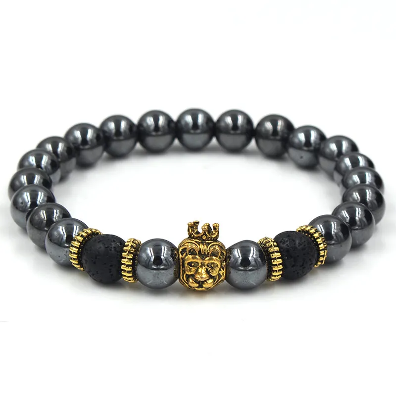 Temecula Crowned Gold Lion Black Hermatite Beaded Bracelet