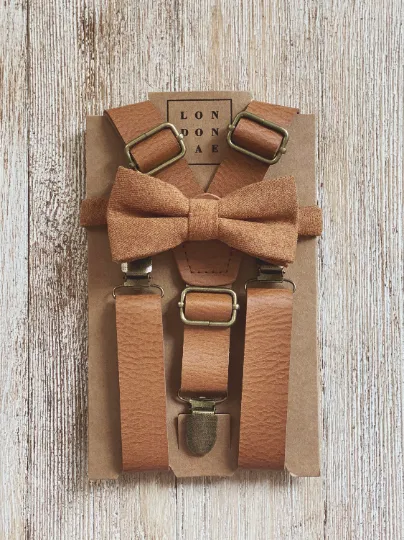 Vintage Tan Cotton Bow Tie and Vintage Tan Suspenders with Silver Clips