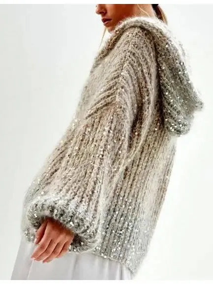 Women’s Beige Gradient Sequin-Embellished Knitted Hooded Cardigan