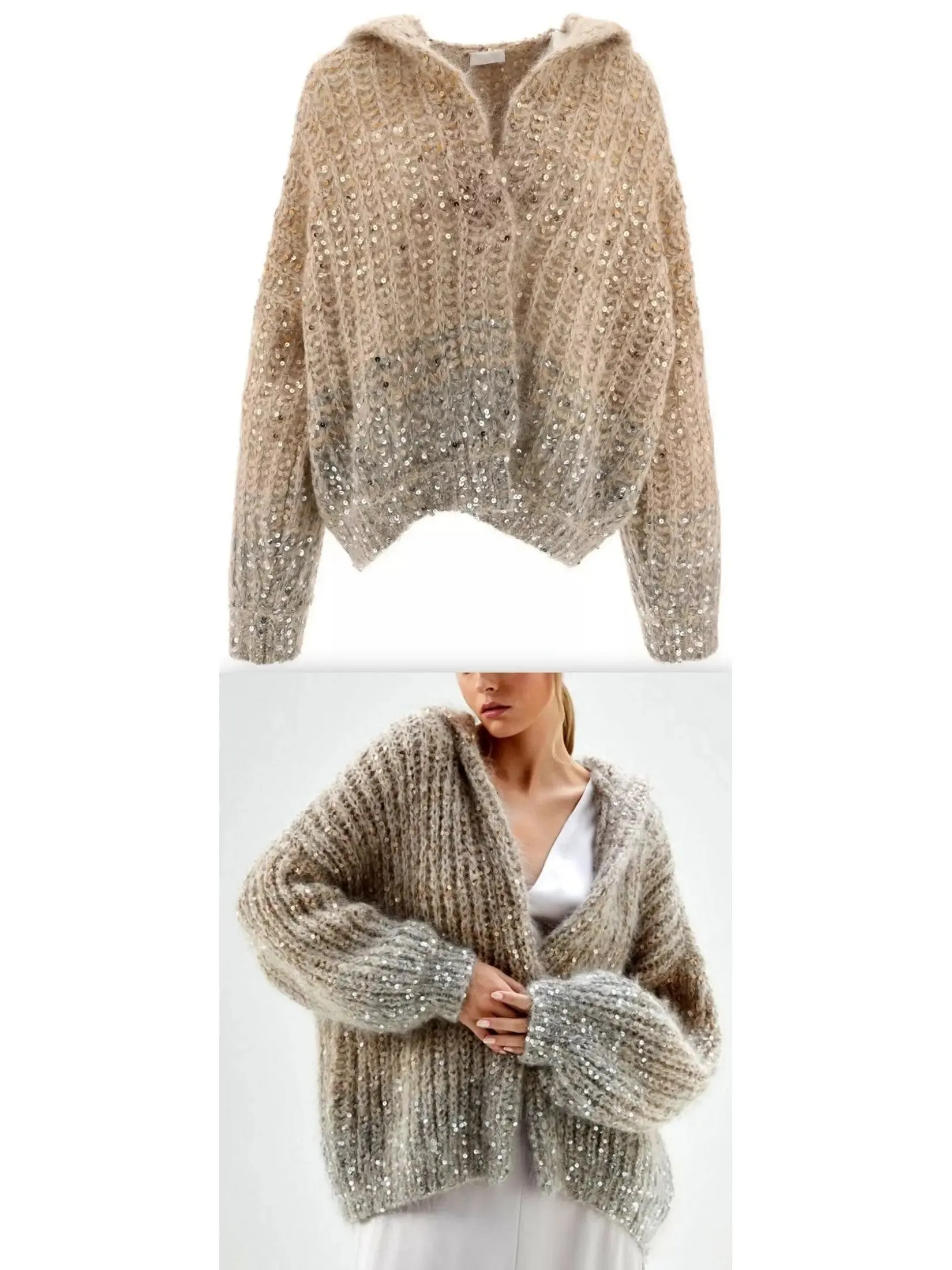 Women’s Beige Gradient Sequin-Embellished Knitted Hooded Cardigan