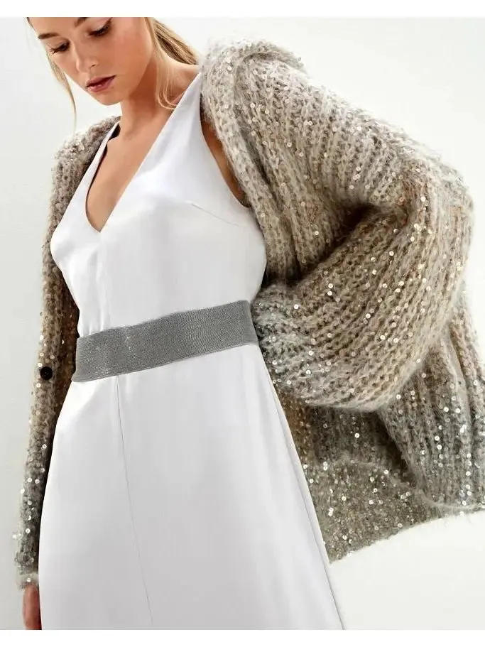 Women’s Beige Gradient Sequin-Embellished Knitted Hooded Cardigan