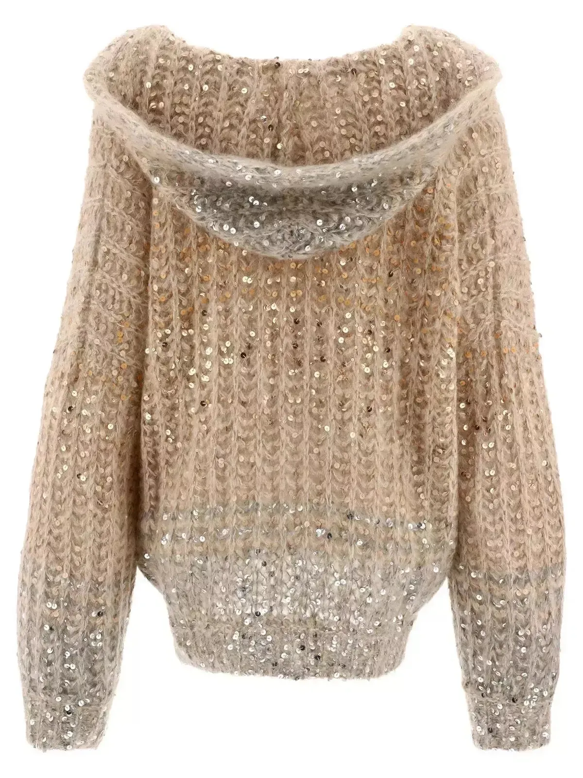 Women’s Beige Gradient Sequin-Embellished Knitted Hooded Cardigan