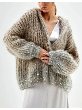 Women’s Beige Gradient Sequin-Embellished Knitted Hooded Cardigan