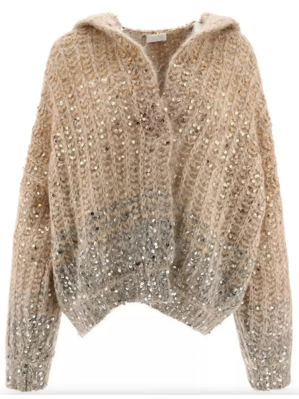 Women’s Beige Gradient Sequin-Embellished Knitted Hooded Cardigan