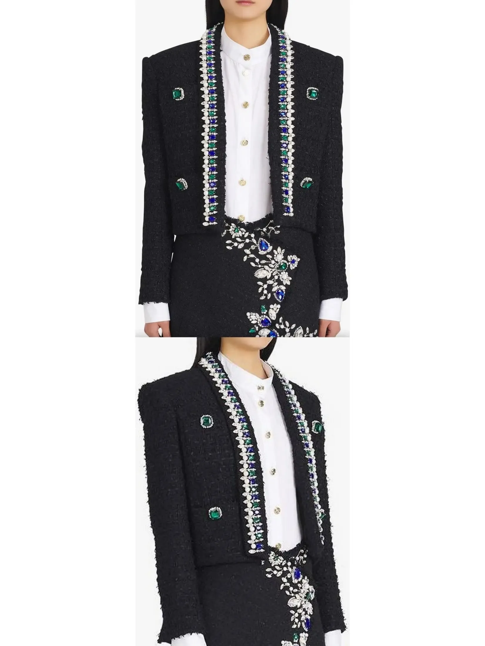 Women’s Black and Multicolor Tweed Spencer Jacket with Jewel Embroideries