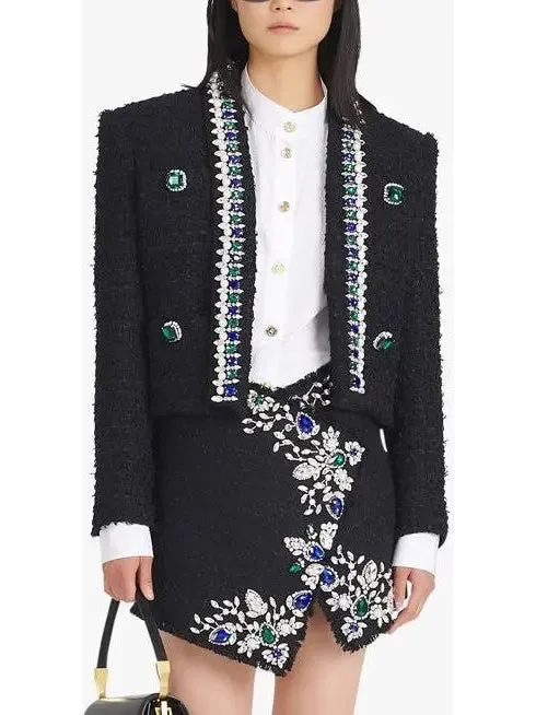 Women’s Black and Multicolor Tweed Spencer Jacket with Jewel Embroideries