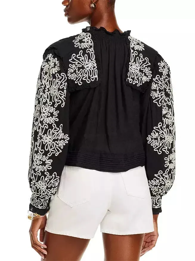 Women’s Black and White Floral-Embroidered Cotton Blouse