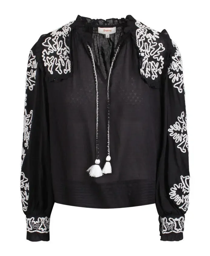 Women’s Black and White Floral-Embroidered Cotton Blouse