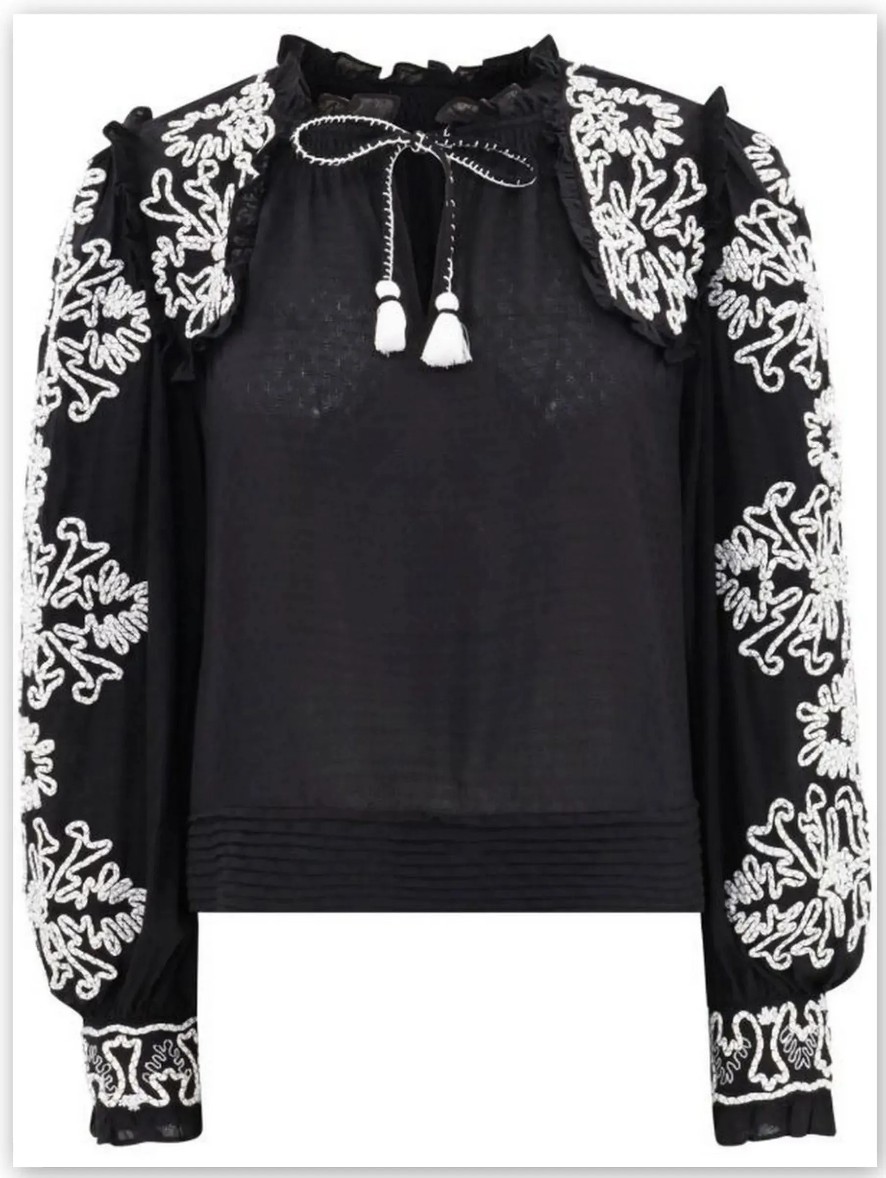 Women’s Black and White Floral-Embroidered Cotton Blouse