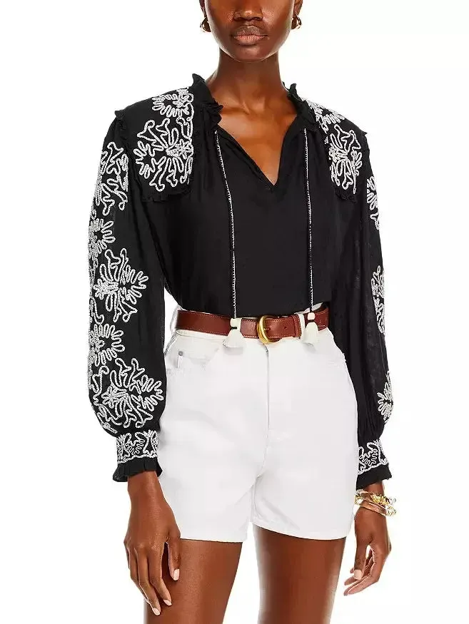 Women’s Black and White Floral-Embroidered Cotton Blouse