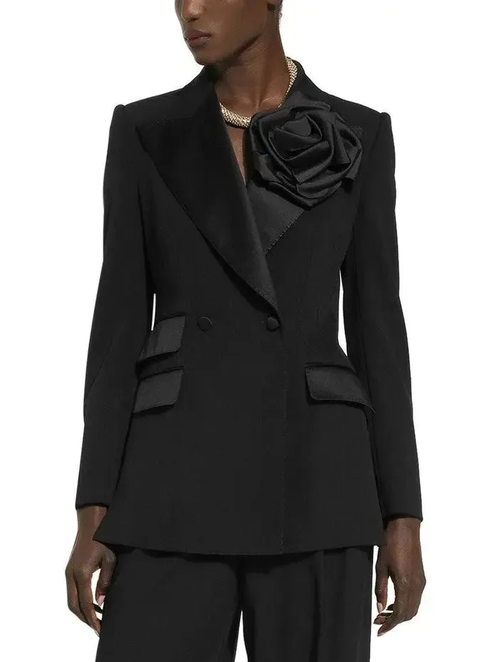 Women’s Black Double-Breasted Flower-Applique Blazer Jacket