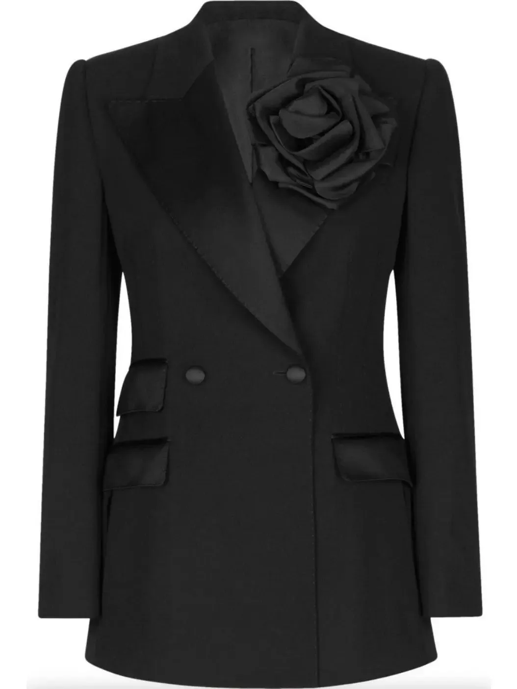 Women’s Black Double-Breasted Flower-Applique Blazer Jacket