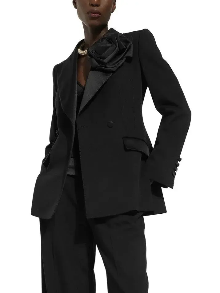 Women’s Black Double-Breasted Flower-Applique Blazer Jacket