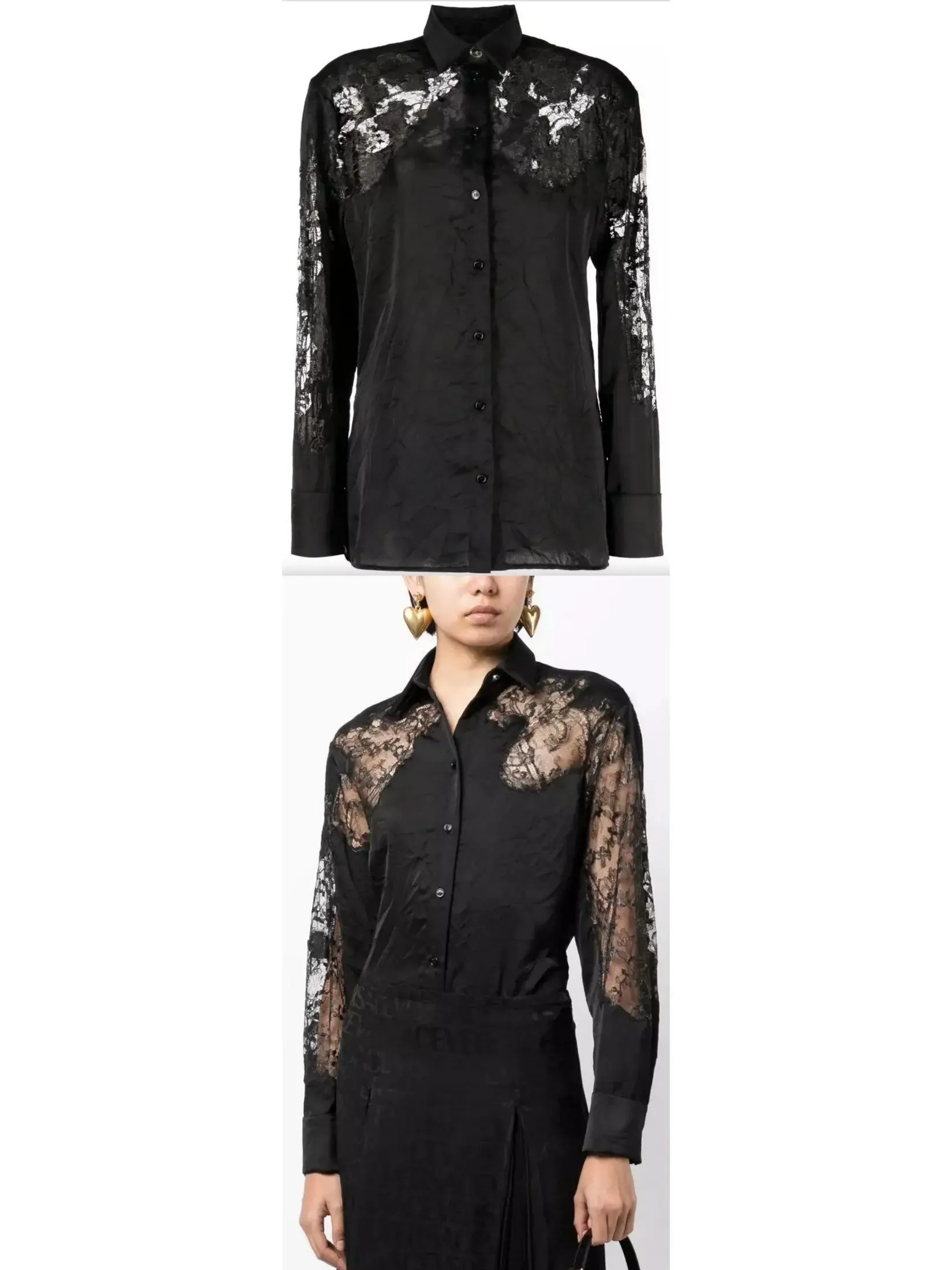 Women’s Black Sheer-Lace Crinkled Satin Shirt