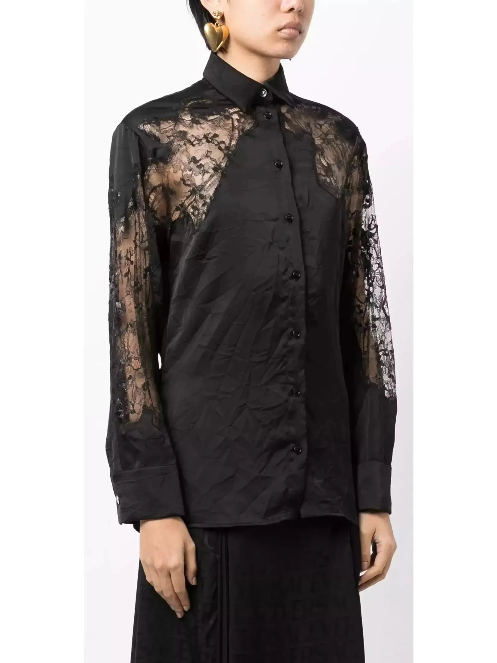 Women’s Black Sheer-Lace Crinkled Satin Shirt