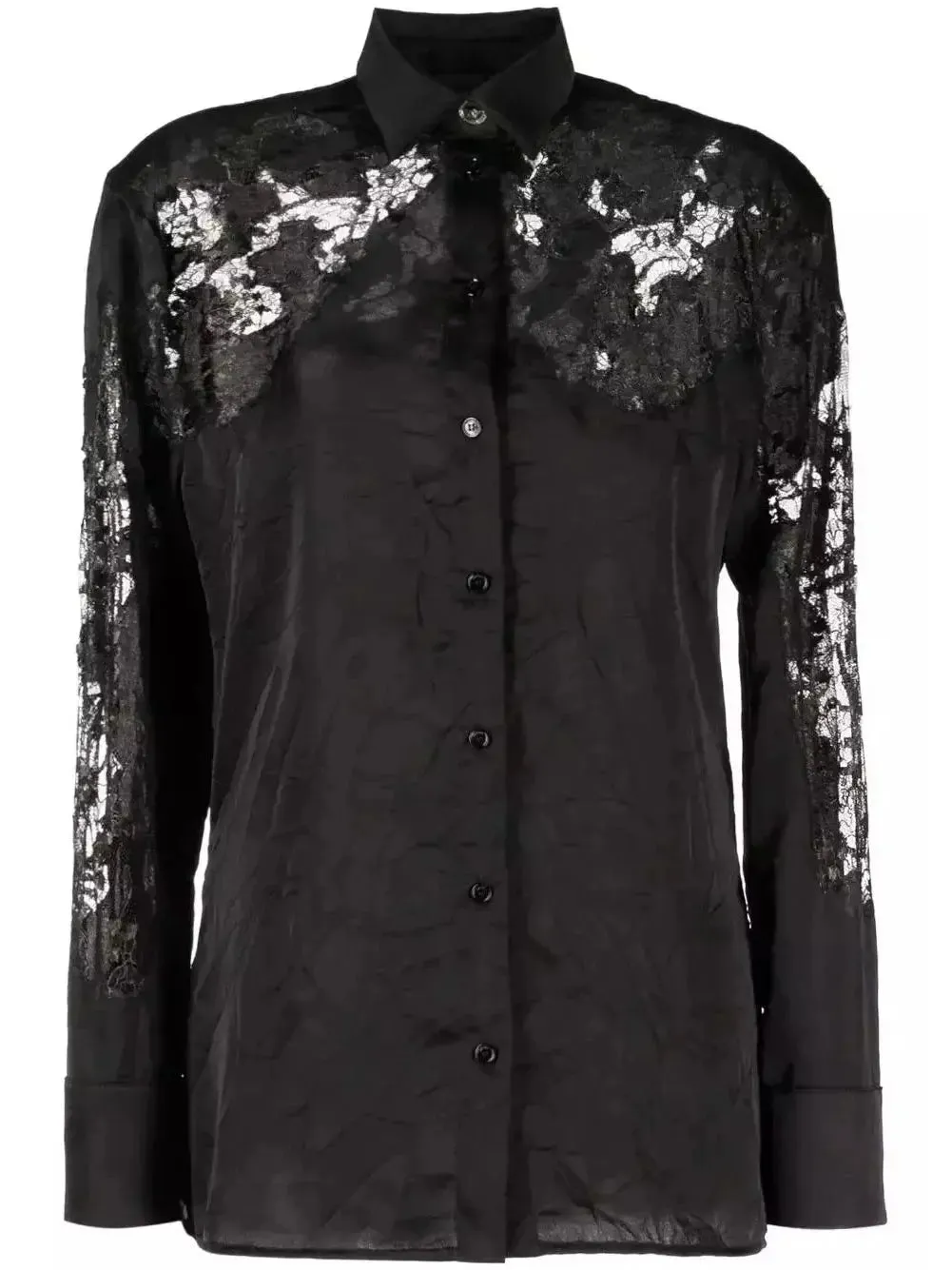 Women’s Black Sheer-Lace Crinkled Satin Shirt