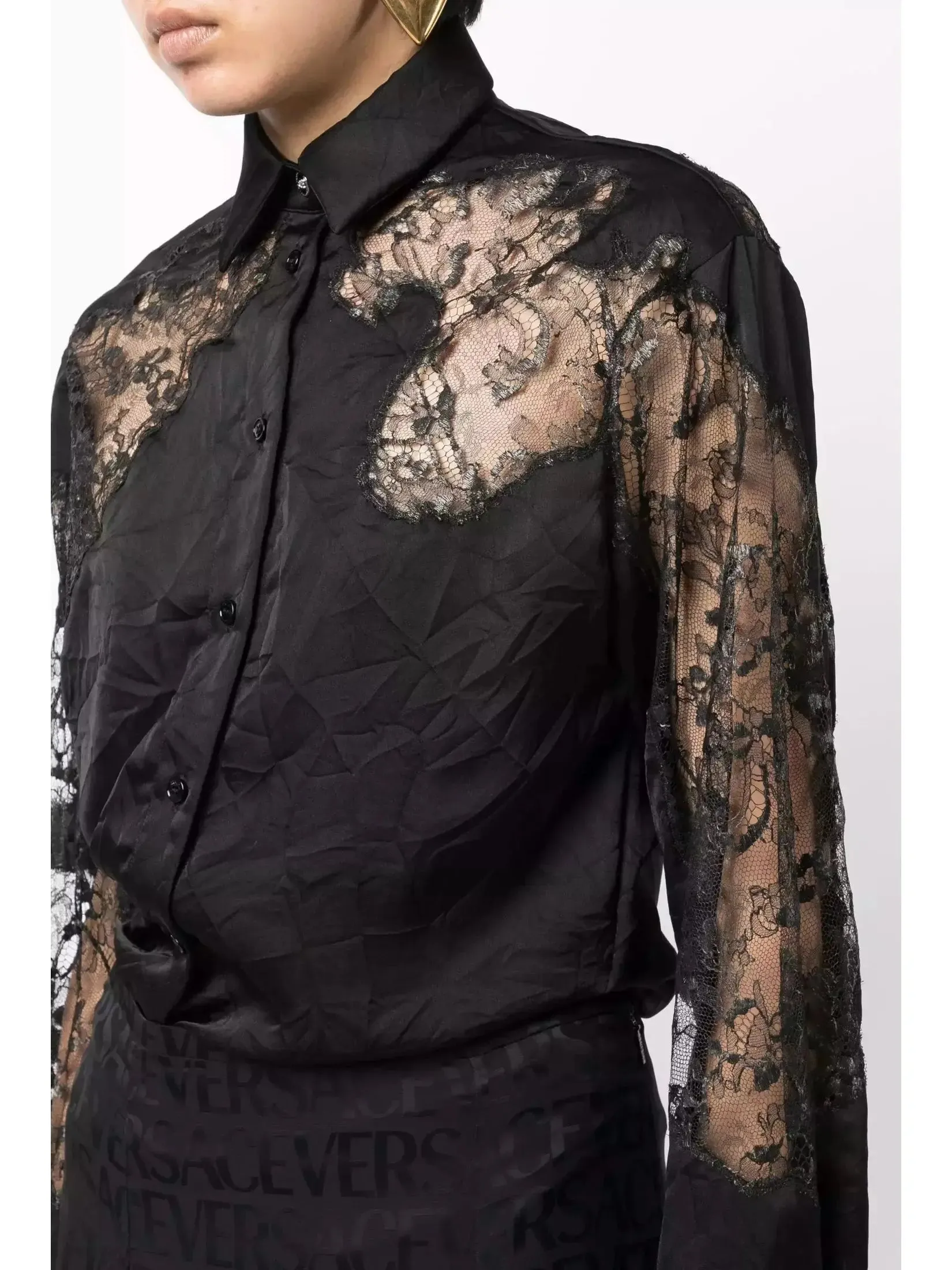 Women’s Black Sheer-Lace Crinkled Satin Shirt