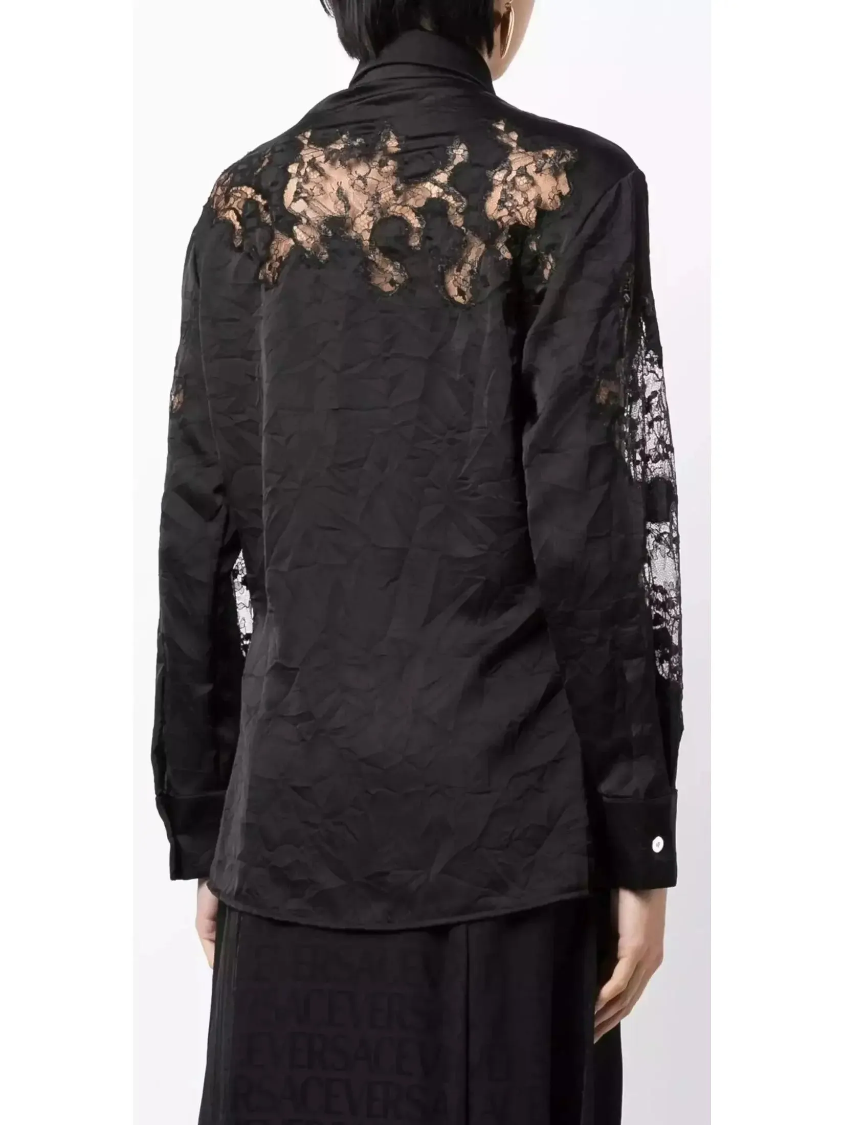 Women’s Black Sheer-Lace Crinkled Satin Shirt