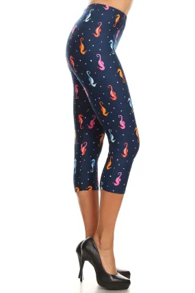 Women's Plus Sea Horses Bubbles Undersea Printed Cropped Capri Leggings